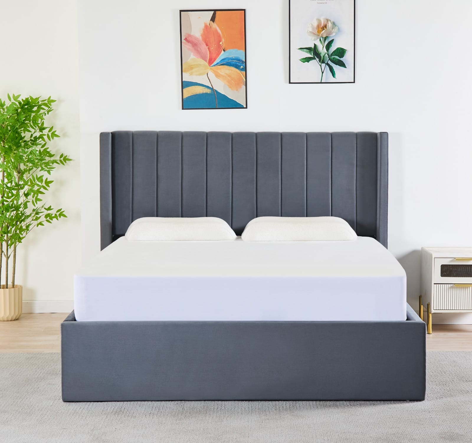 Pluto Hydraulic Storage Bed – Velvet Upholstered with Headboard- Dark grey image 0