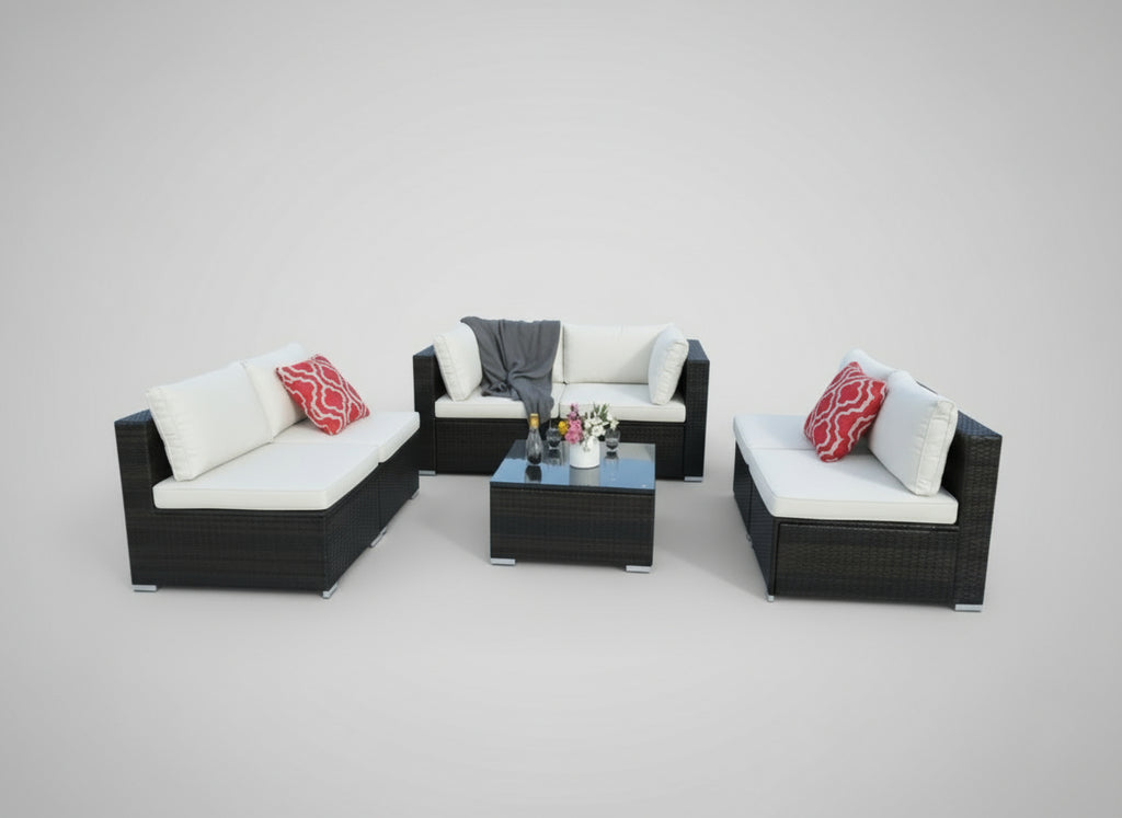 Sectional Sofa - 7 piece set with modular chairs and glass coffee table