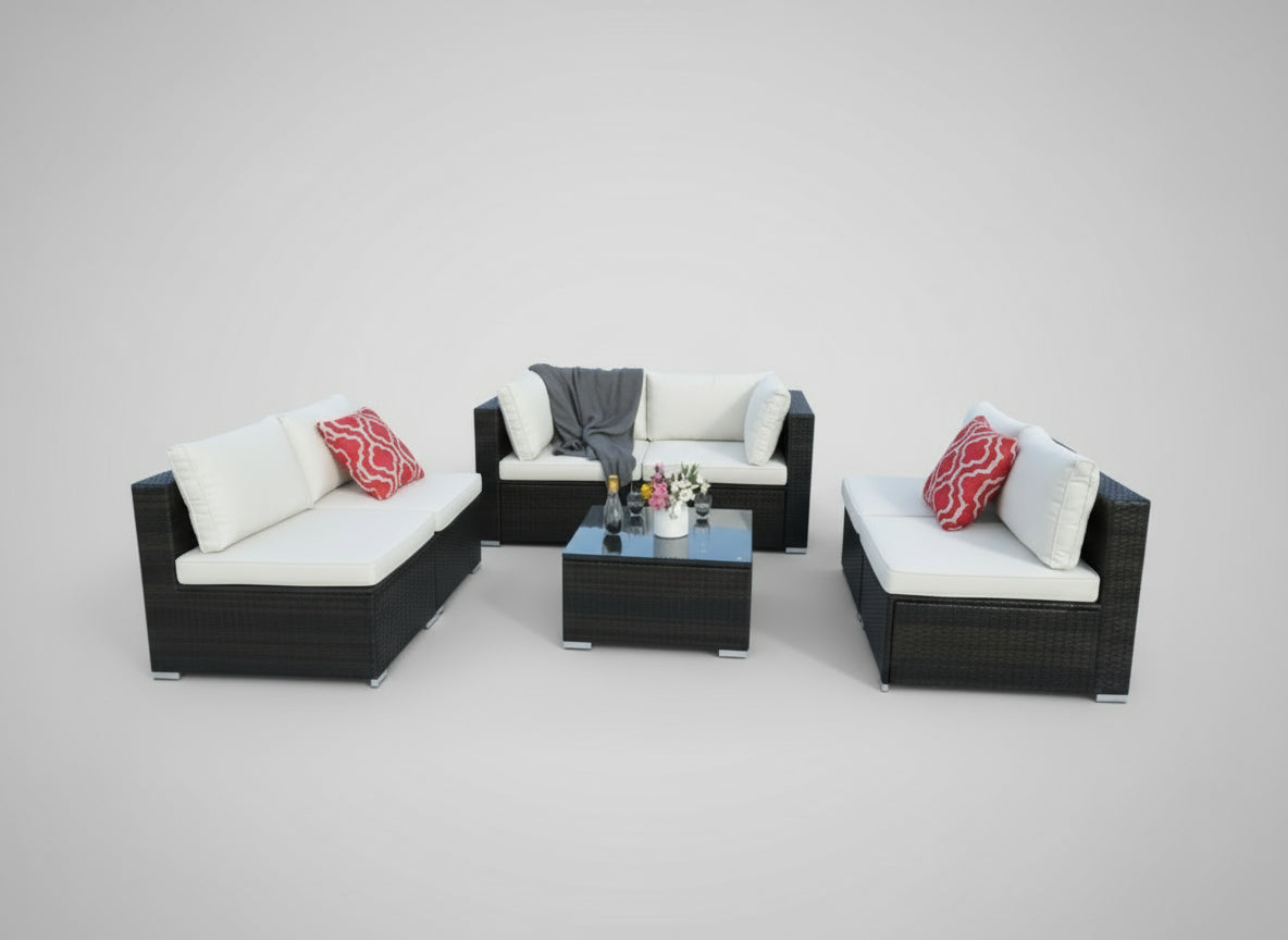 Sectional Sofa - 7 piece set with modular chairs and glass coffee table