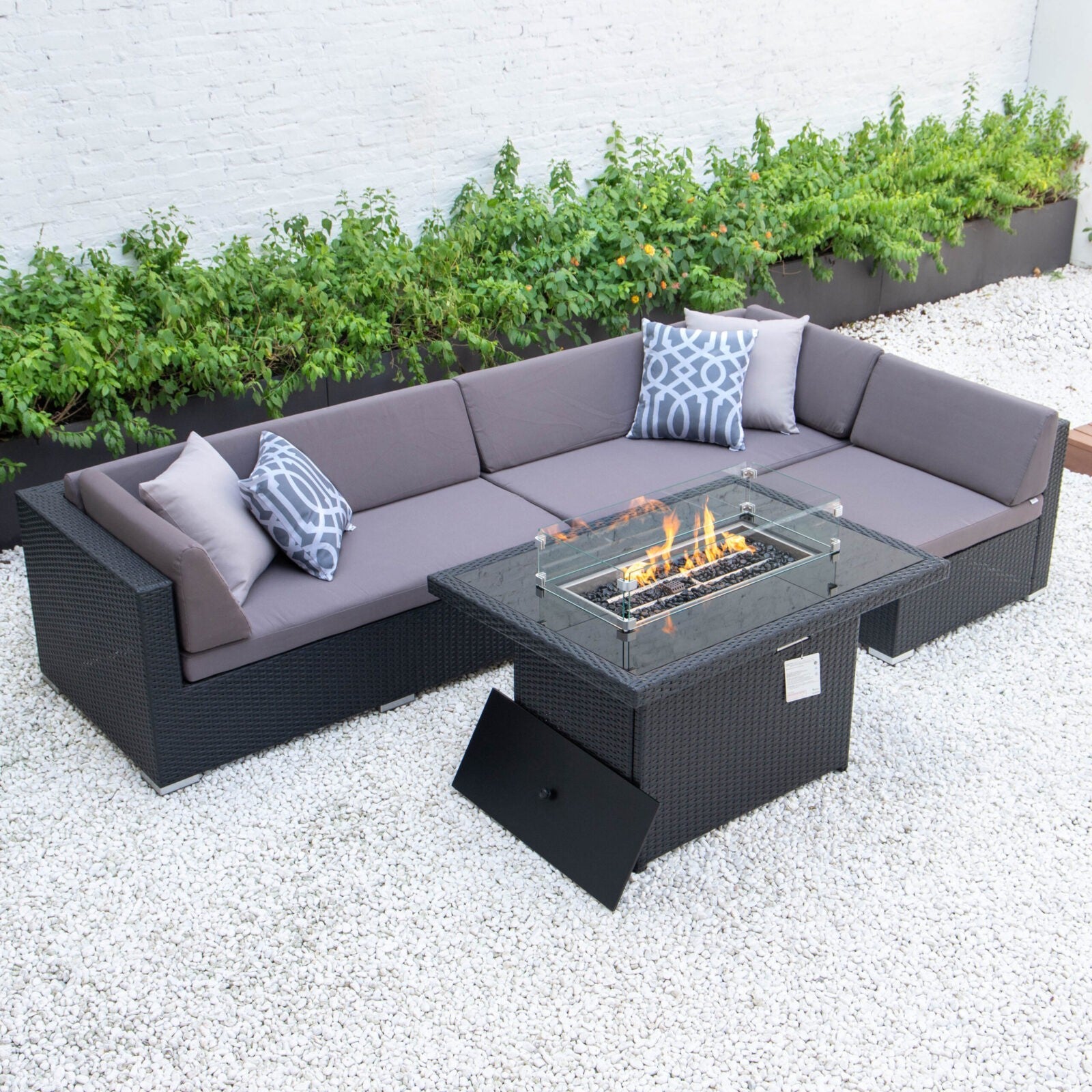 Classic L with wicker fire table in dark grey cushions image 0