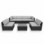 Sectional outdoor sofa set with black frames and gray cushions on a white background