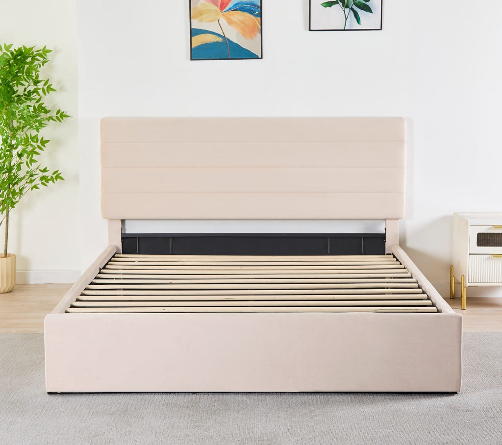 Rocco Upholstered Hydraulic Storage Bed with Headboard – Modern Platform Bed Frame with Lift-Up Storage- Beige image 2