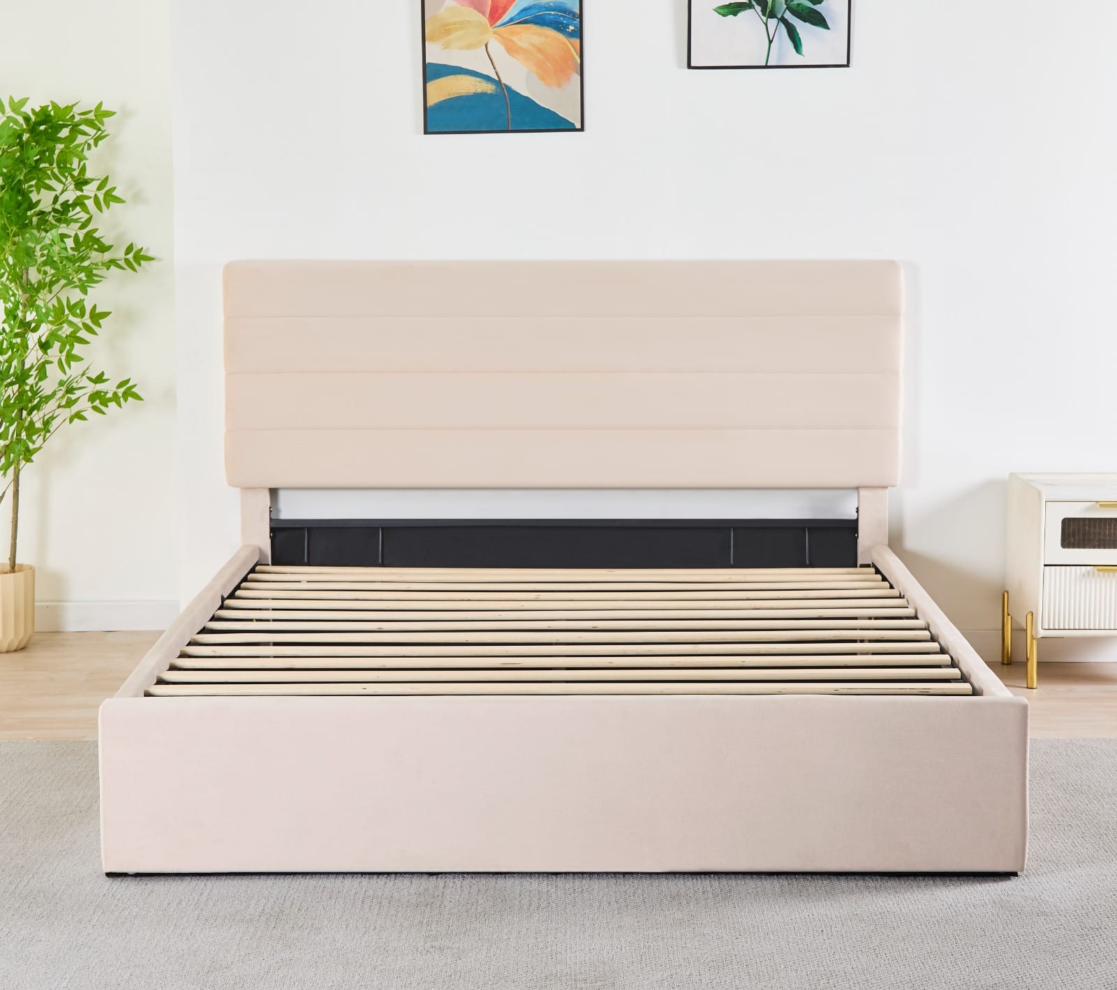 Rocco Upholstered Hydraulic Storage Bed with Headboard – Modern Platform Bed Frame with Lift-Up Storage- Beige image 2