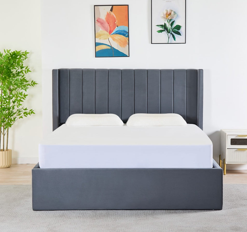 Pluto Hydraulic Storage Bed – Velvet Upholstered with Headboard- Dark grey image 4