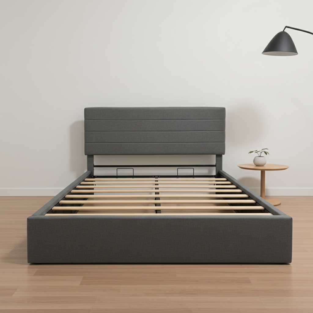 Rocco Hydraulic Storage Bed with Headboard – Modern Platform Bed Frame with Lift-Up Storage- Dark grey Linen