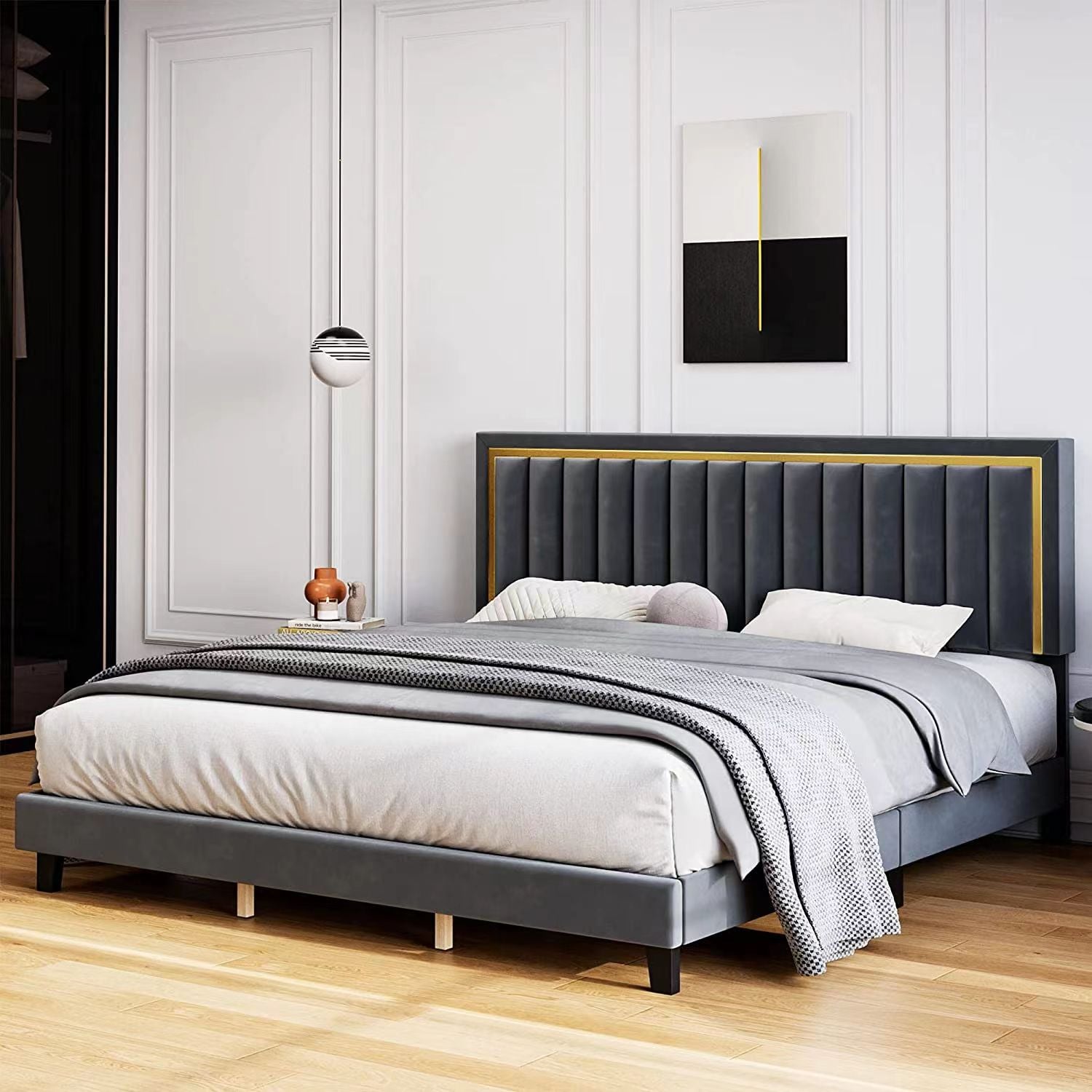 Brennan- Grey Velvet Fabric with Gold Accent Bed Frame image 0