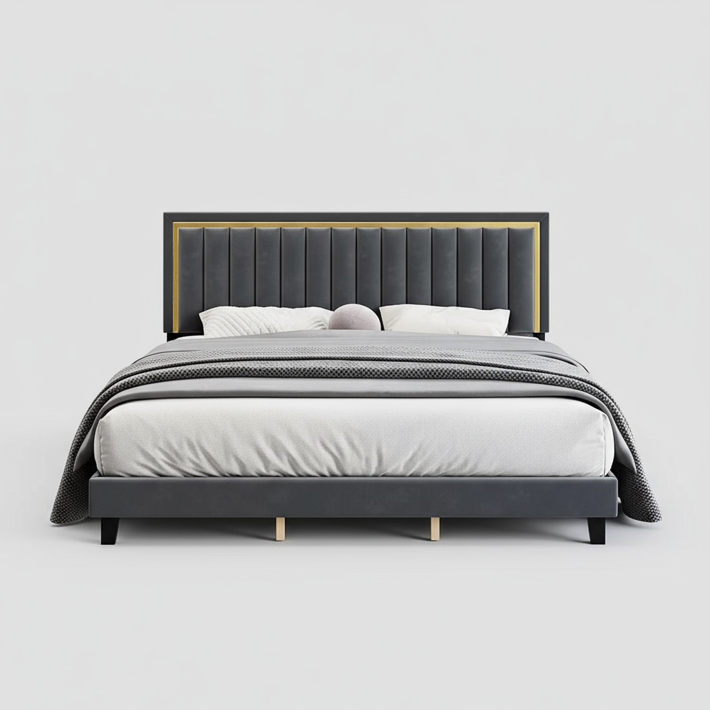 Brennan- Grey Velvet Fabric with Gold Accent Bed Frame