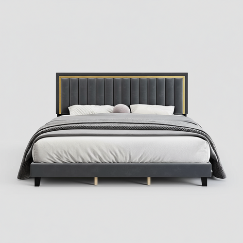 Brennan- Grey Velvet Fabric with Gold Accent Bed Frame