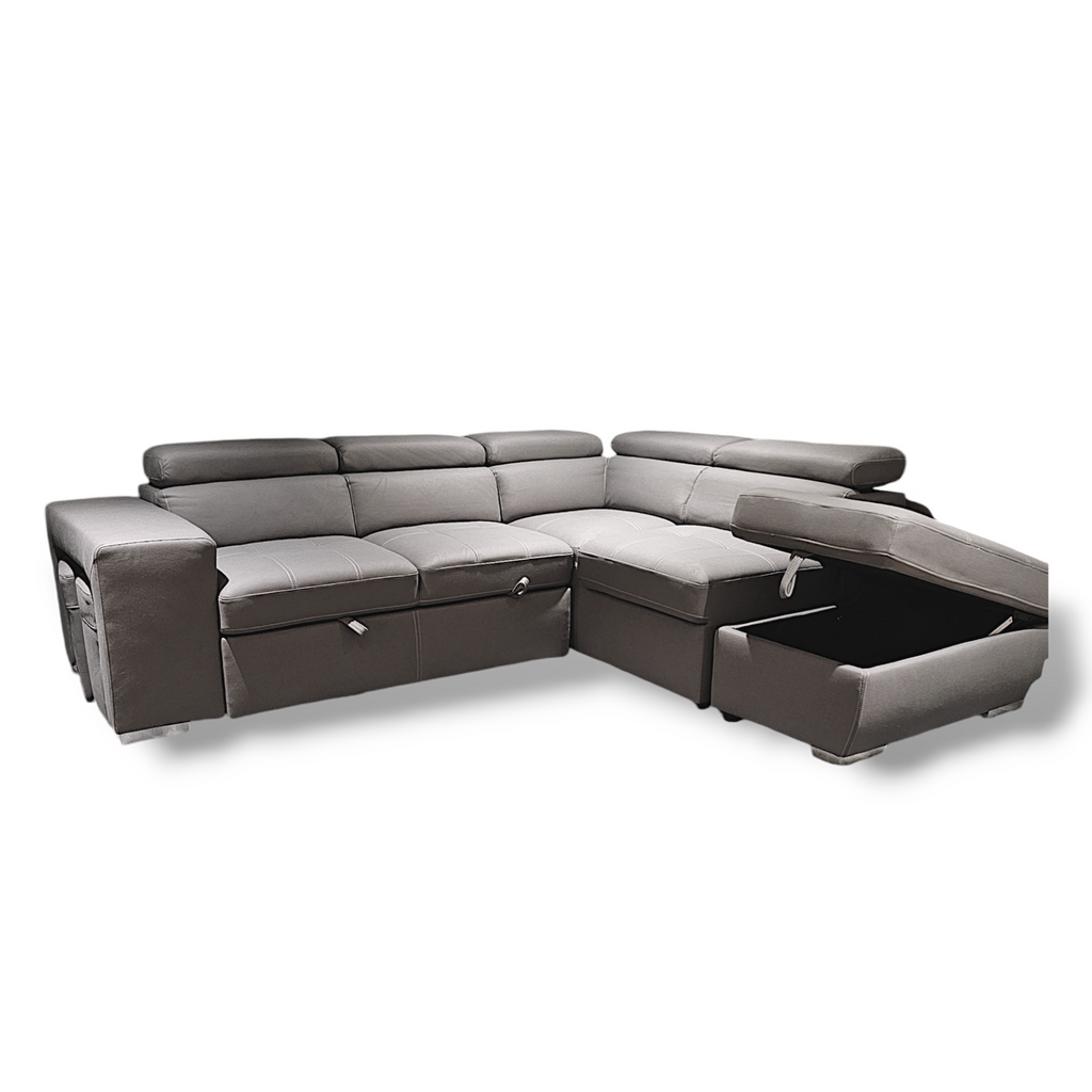 Sicily 3-Seater Sectional Sofa Bed with Ottoman - 2 stools  - Grey Vegan Suede image 0