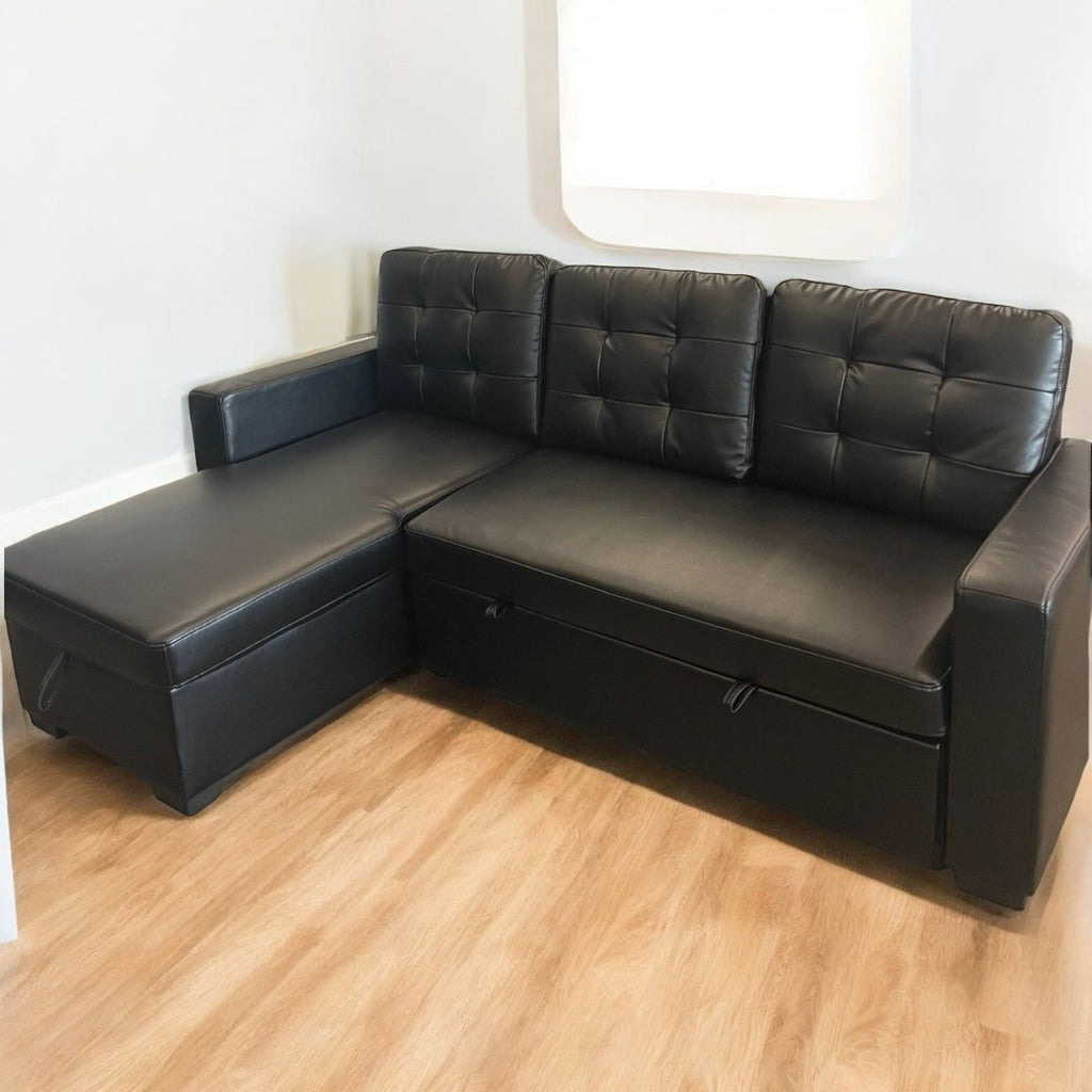 Hudson Sectional Sofa Bed with Storage – Black Vegan Leather image 0