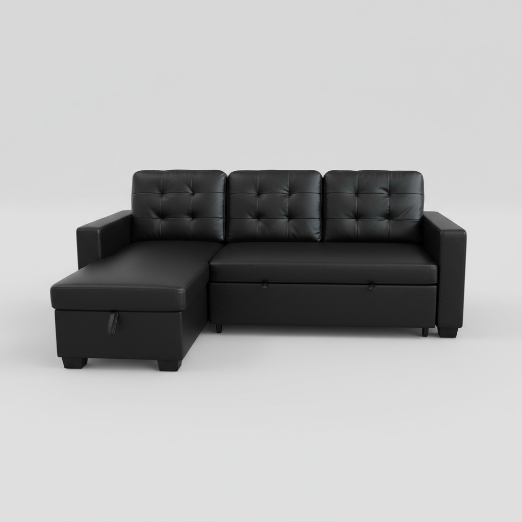 Hudson Sectional Sofa Bed with Storage – Black Vegan Leather