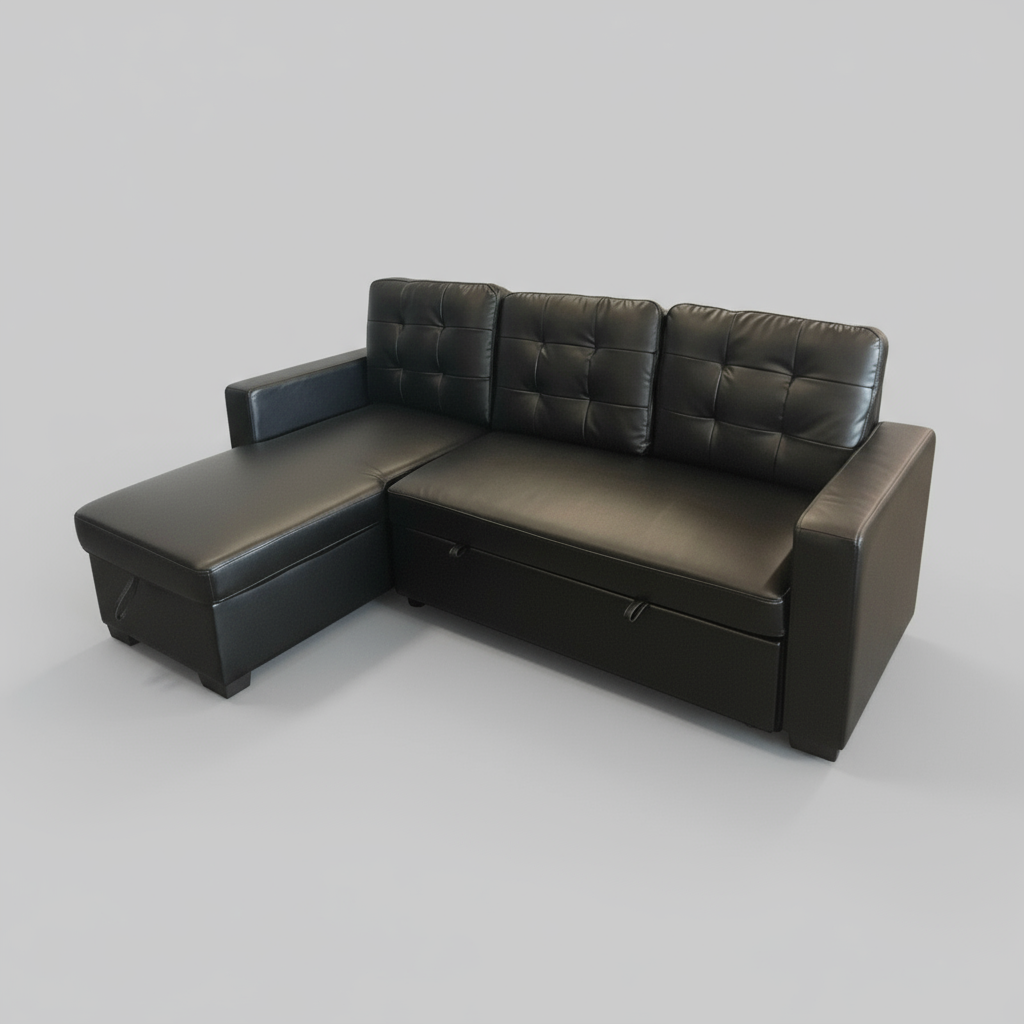 Hudson Sectional Sofa Bed with Storage – Black Vegan Leather