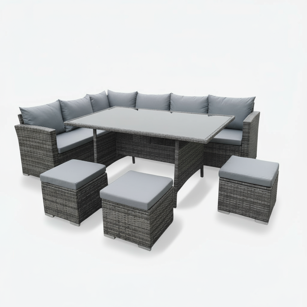 8 Seater Sectional + Ottoman Patio Set with Dining Table