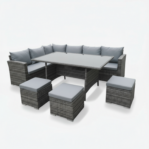 8 Seater Sectional + Ottoman Patio Set with Dining Table