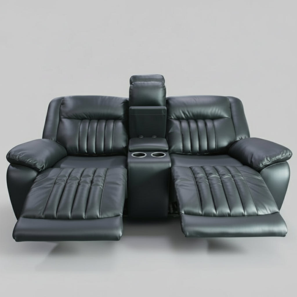 Black leather recliner sofa with cup holders in a warehouse setting