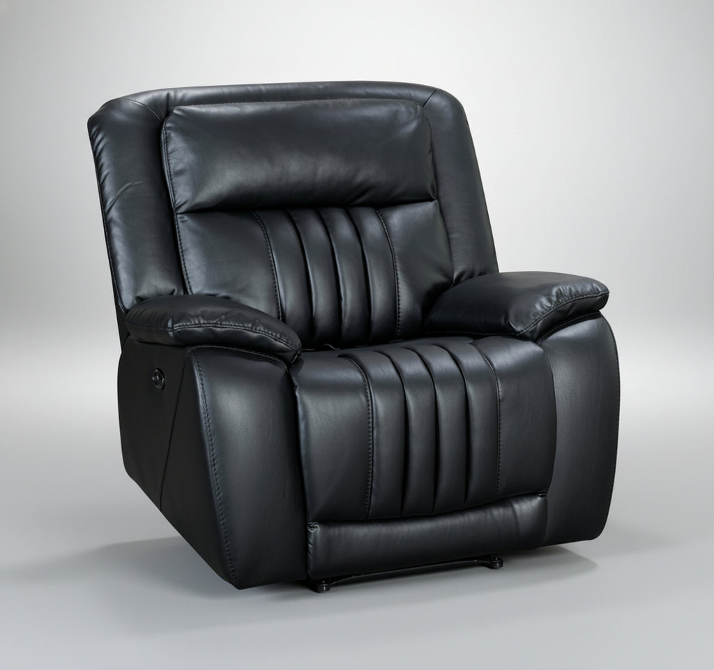 Black leather recliner chair on a white background