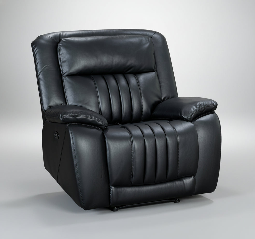 Black leather recliner chair on a white background