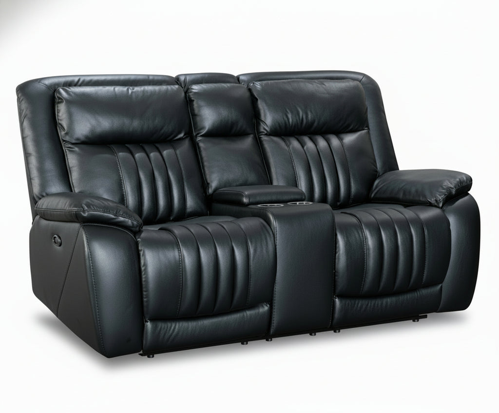 Black leather reclining sofa on a white background