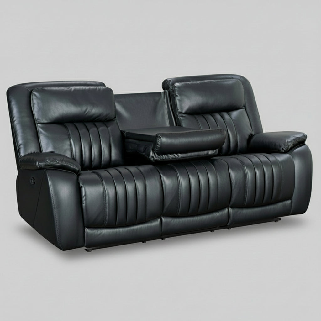 Black leather reclining sofa on a white background