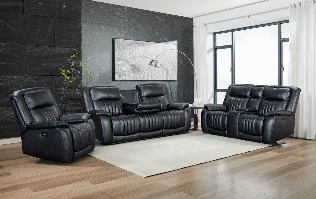 Ave Electric Recliner Set – 3-Seater, 2-Seater & Recliner Chair (Black Vegan Leather)