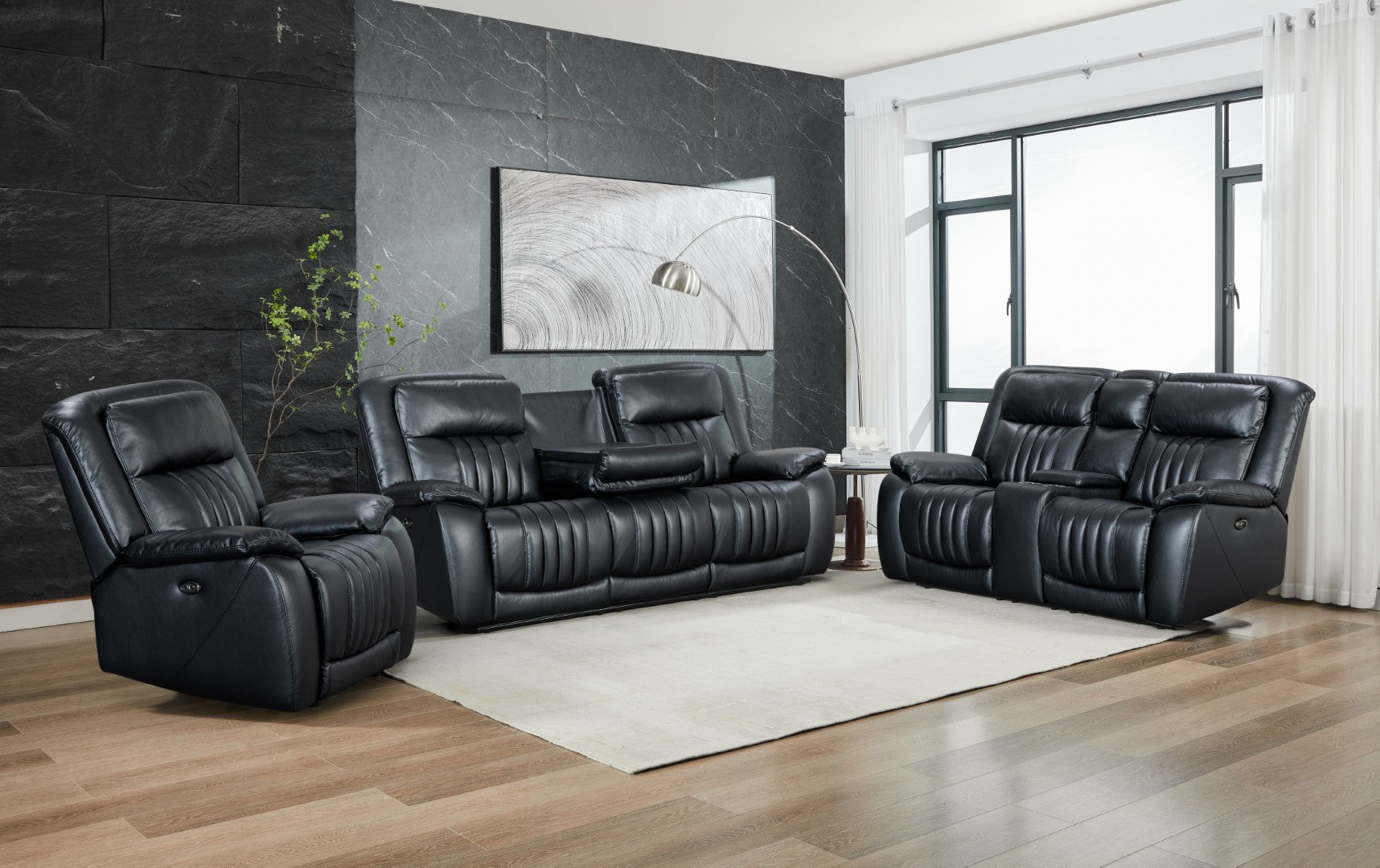 Ave Electric Recliner Set – 3-Seater, 2-Seater & Recliner Chair (Black Vegan Leather)