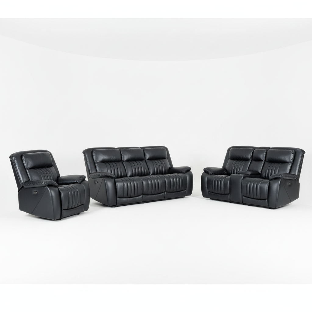 Ave Electric Recliner Set – 3-Seater, 2-Seater & Recliner Chair (Black Vegan Leather)