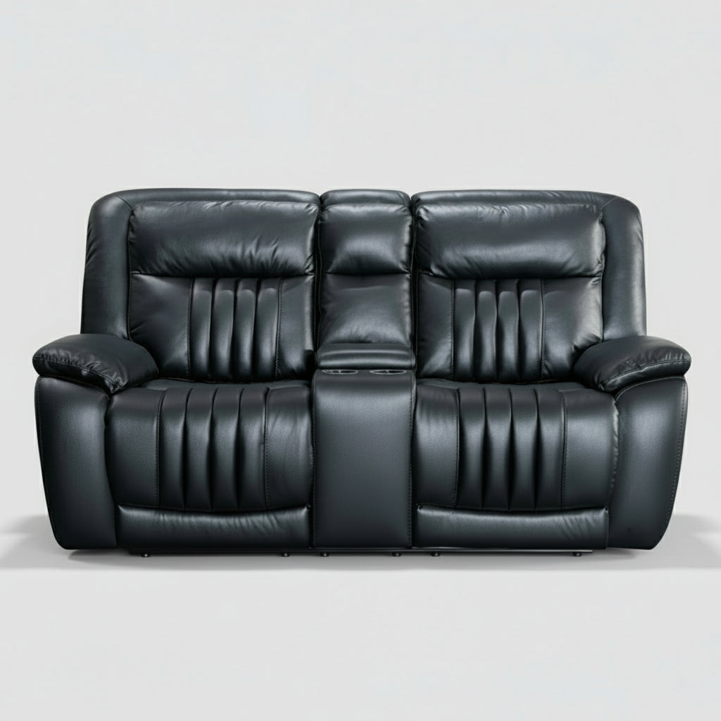 Black leather reclining sofa on a white background