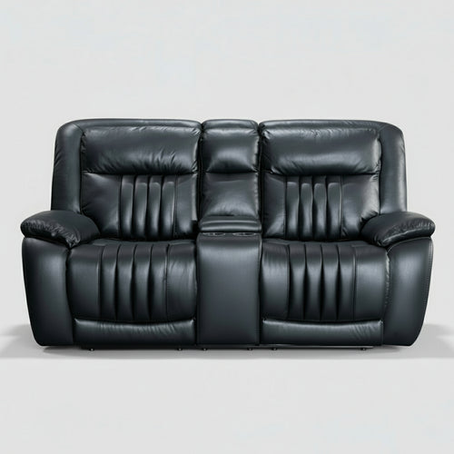 Black leather reclining sofa on a white background