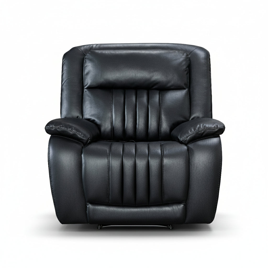 Black leather recliner chair on a white background