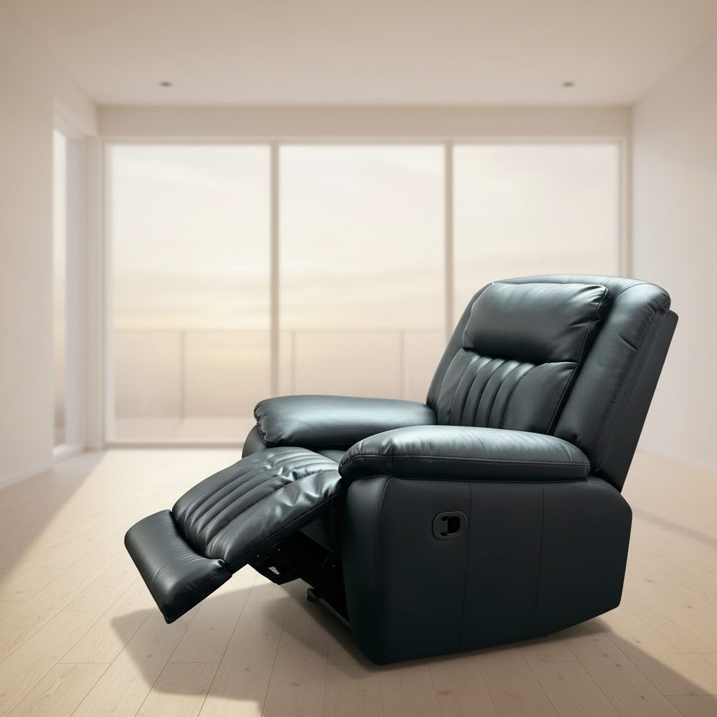 Black recliner chair in a room with a large screen displaying a scenic image.