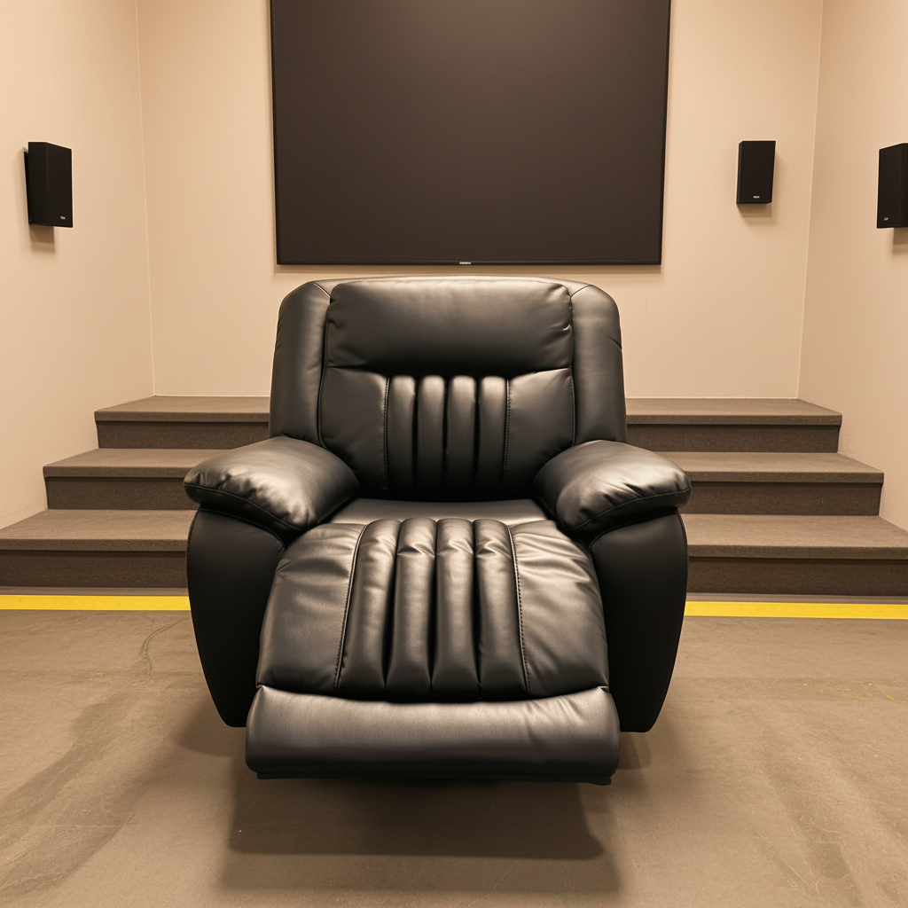 Gray leather recliner chair in a home theater setting with a screen and speakers.