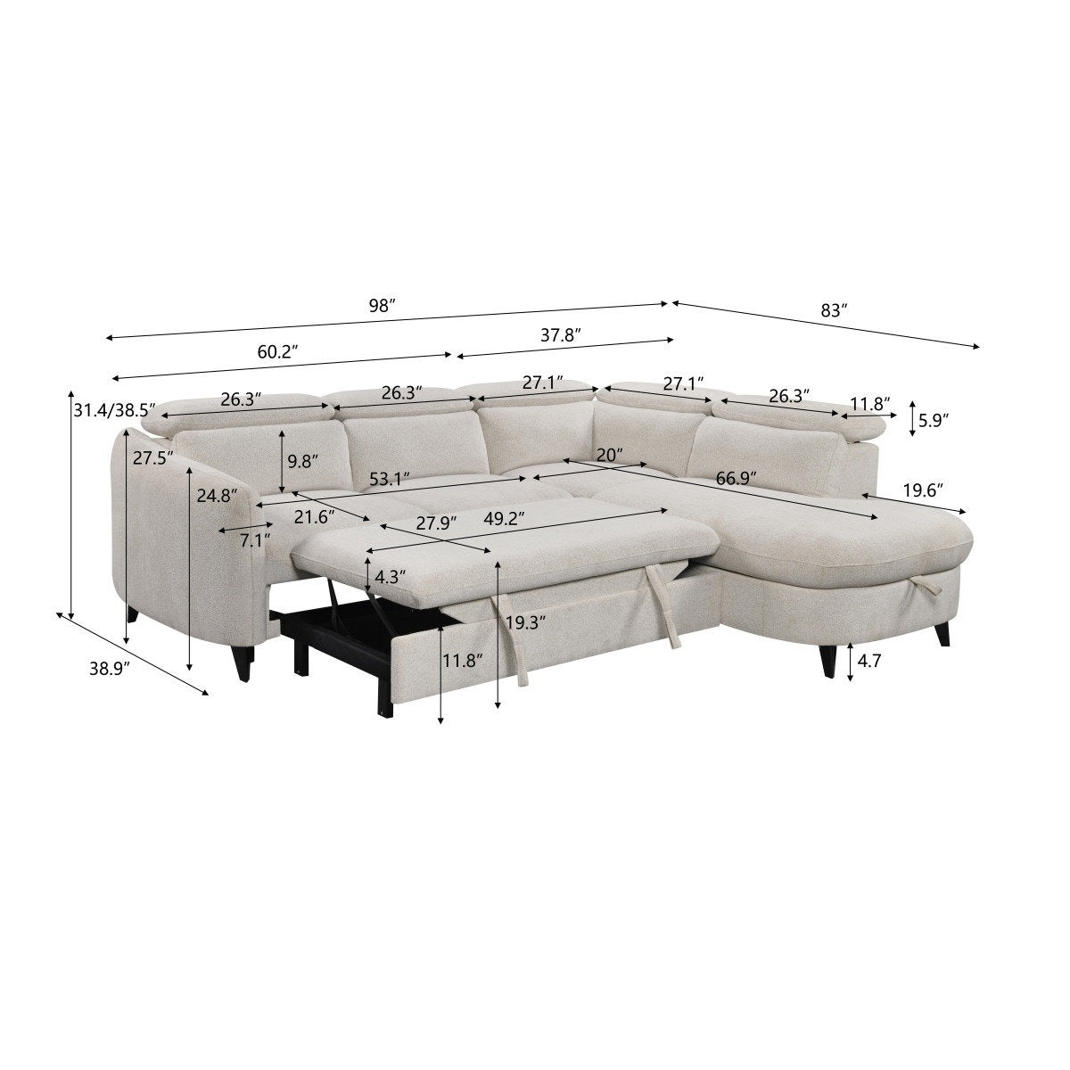 Aura  L-Shape Sleeper Sectional with Storage Chaise & Adjustable Headrests - Right chaise