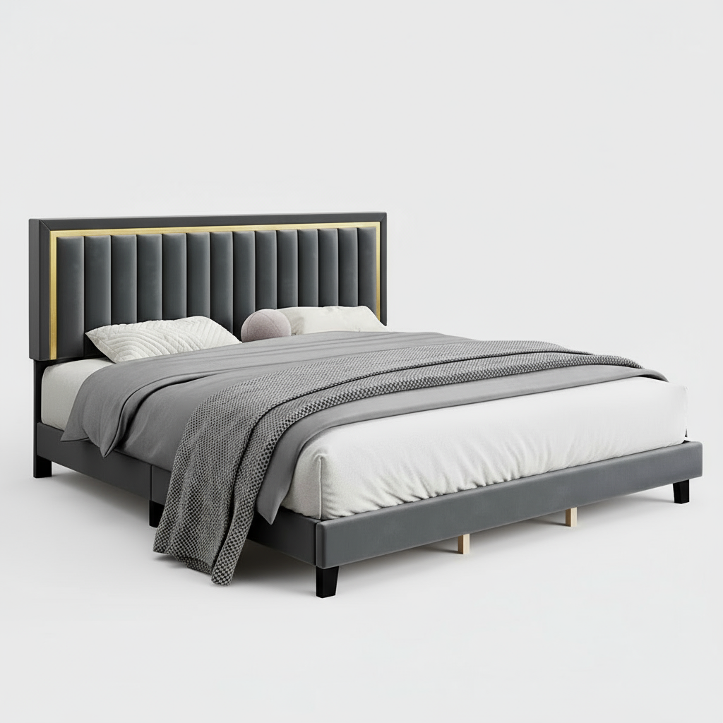 Gray upholstered bed with white bedding in a modern bedroom setting.