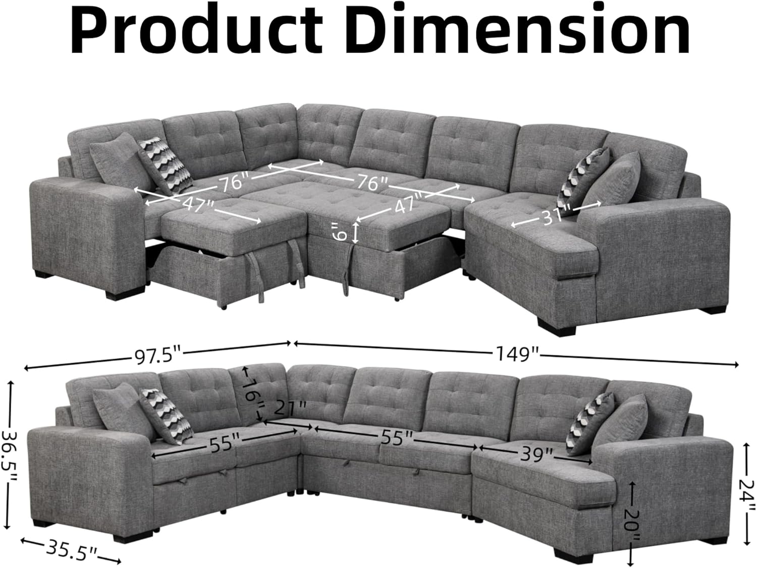Cloud-Nine 147" Grand Sectional Sleeper | L-Shaped Cuddler | Light Grey