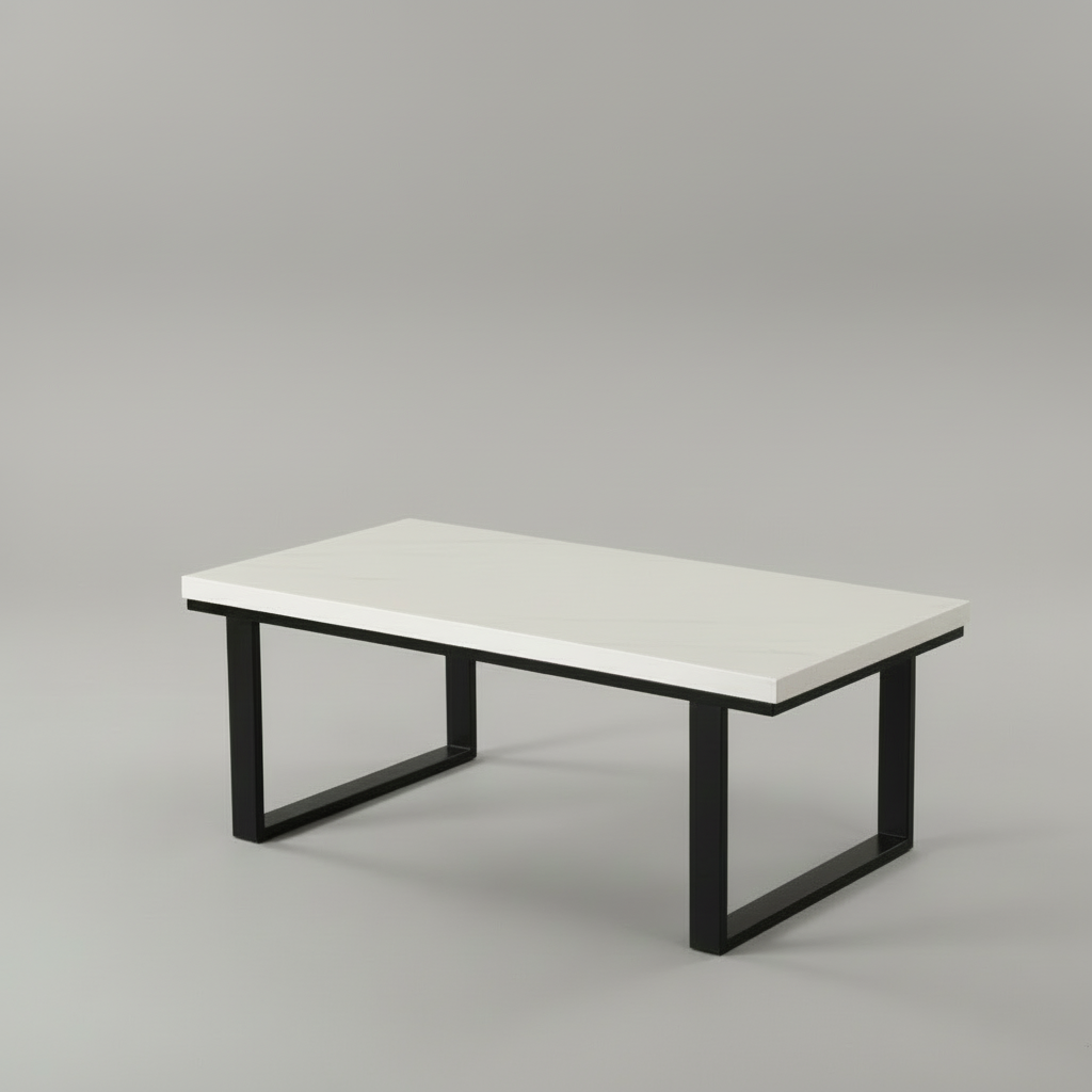 Coffee table with decorative items in a living room setting