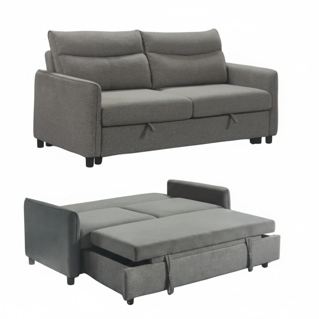 Gray sofa bed with storage compartment on a white background