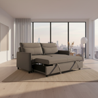Gray sectional sofa with pull-out bed mechanism on a white background