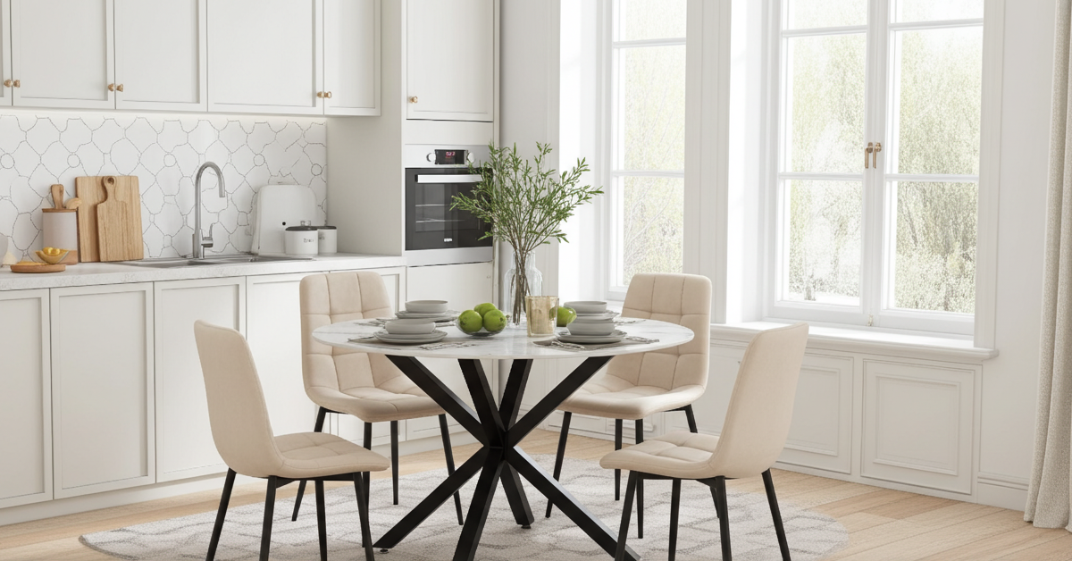 Nova 5-Piece Round Dining Set – White Ceramic Top with Beige Velvet Chairs & Black Legs