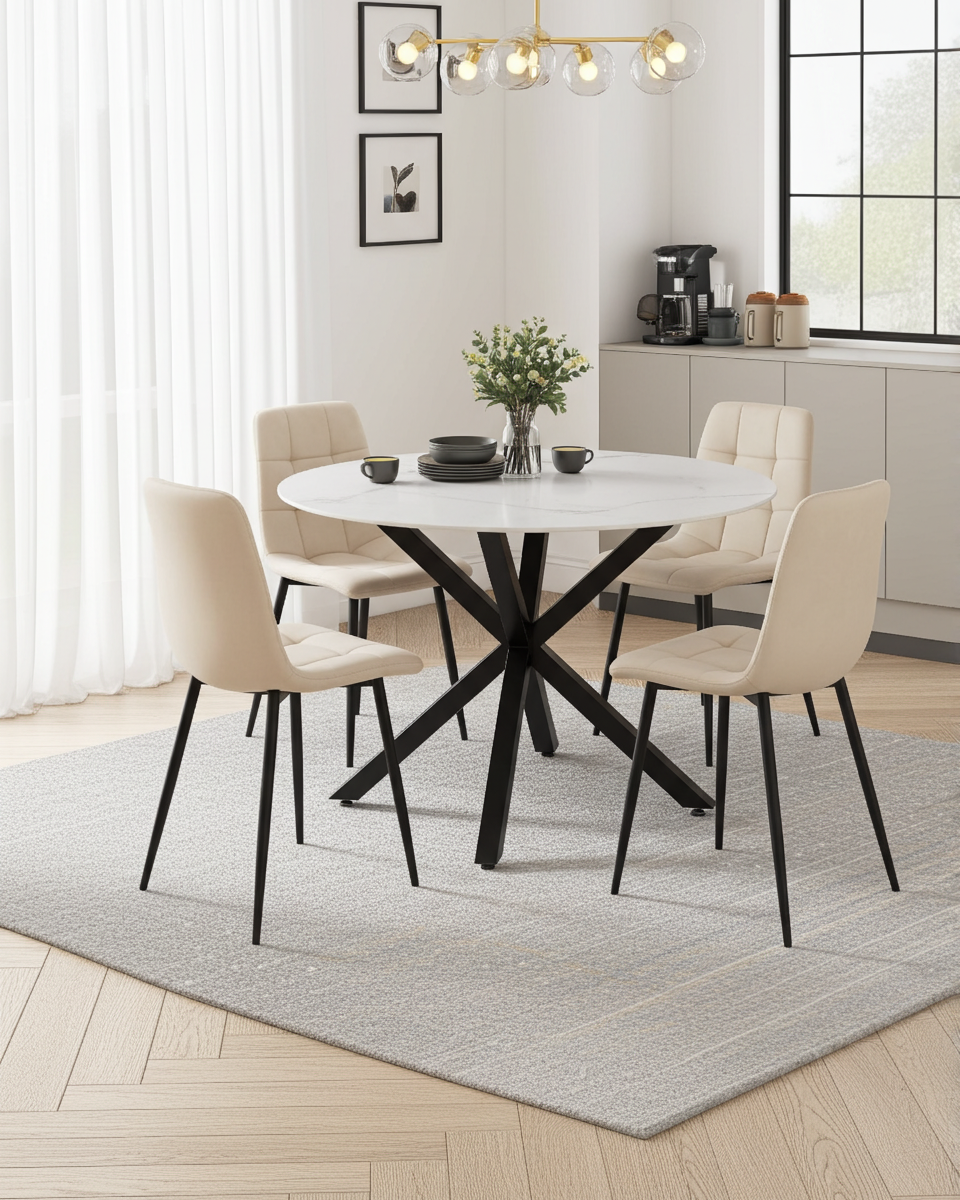 Nova 5-Piece Round Dining Set – White Ceramic Top with Beige Velvet Chairs & Black Legs