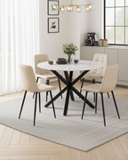 Juego de comedor redondo Nova de 5 piezas: tapa de cerámica blanca con sillas de terciopelo beige y patas negras