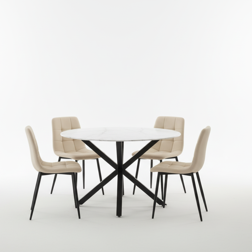 Nova 5-Piece Round Dining Set – White Ceramic Top with Beige Velvet Chairs & Black Legs