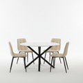 Nova 5-Piece Round Dining Set – White Ceramic Top with Beige Velvet Chairs & Black Legs