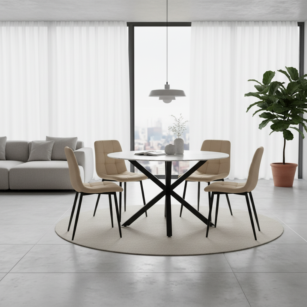 Nova 5-Piece Round Dining Set – White Ceramic Top with Beige Velvet Chairs & Black Legs