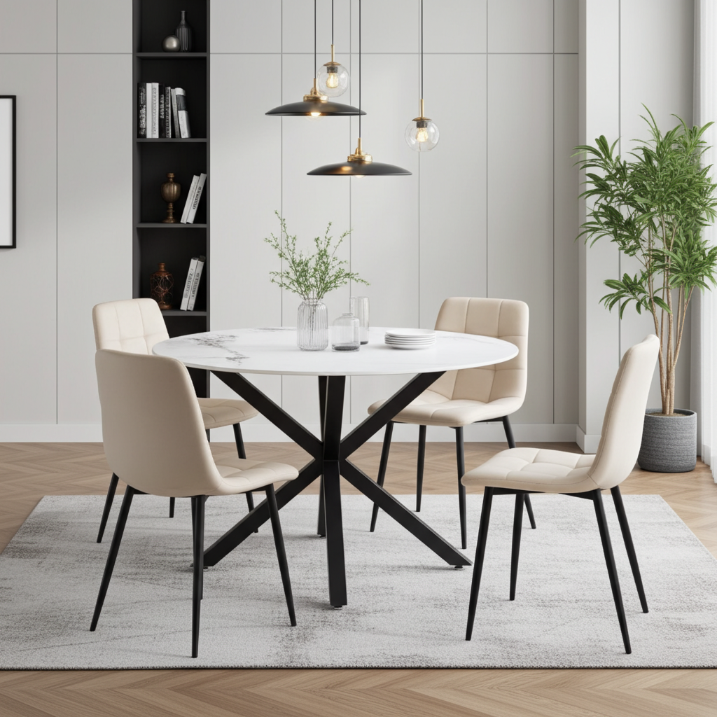 Nova 5-Piece Round Dining Set – White Ceramic Top with Beige Velvet Chairs & Black Legs