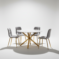 Luna 5-Piece Round Dining Set – White Ceramic Top with Grey Velvet Chairs & Gold Legs