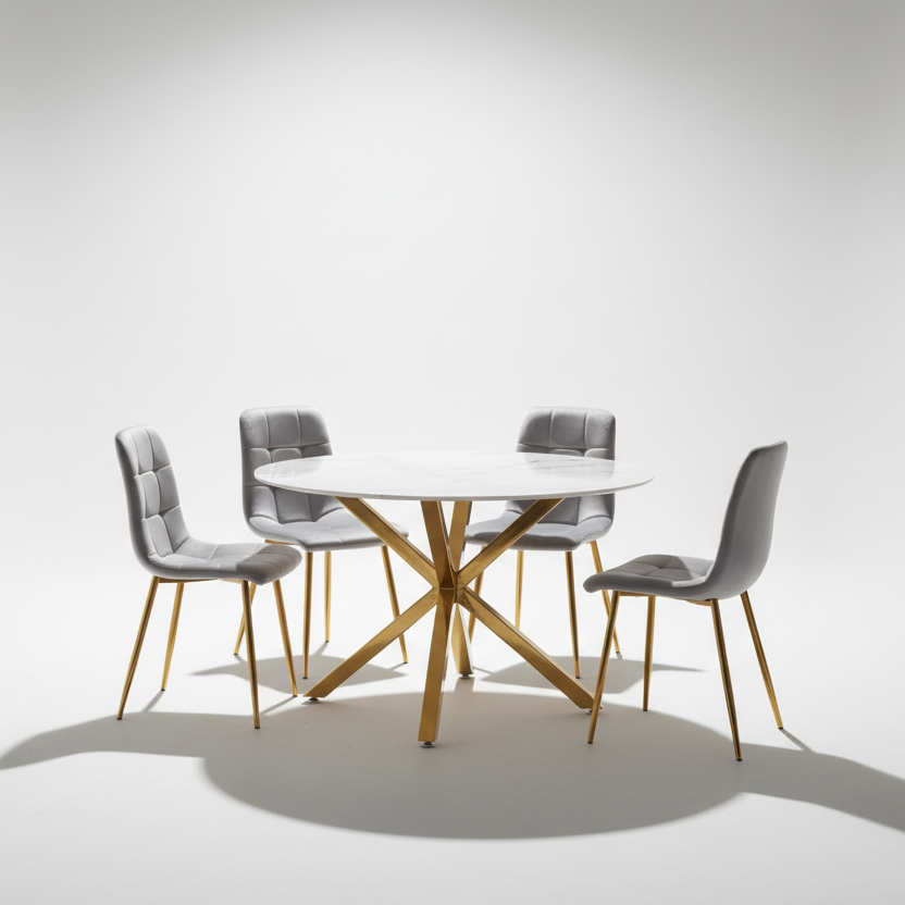 Luna 5-Piece Round Dining Set – White Ceramic Top with Grey Velvet Chairs & Gold Legs
