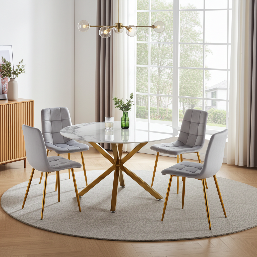 Luna 5-Piece Round Dining Set – White Ceramic Top with Grey Velvet Chairs & Gold Legs