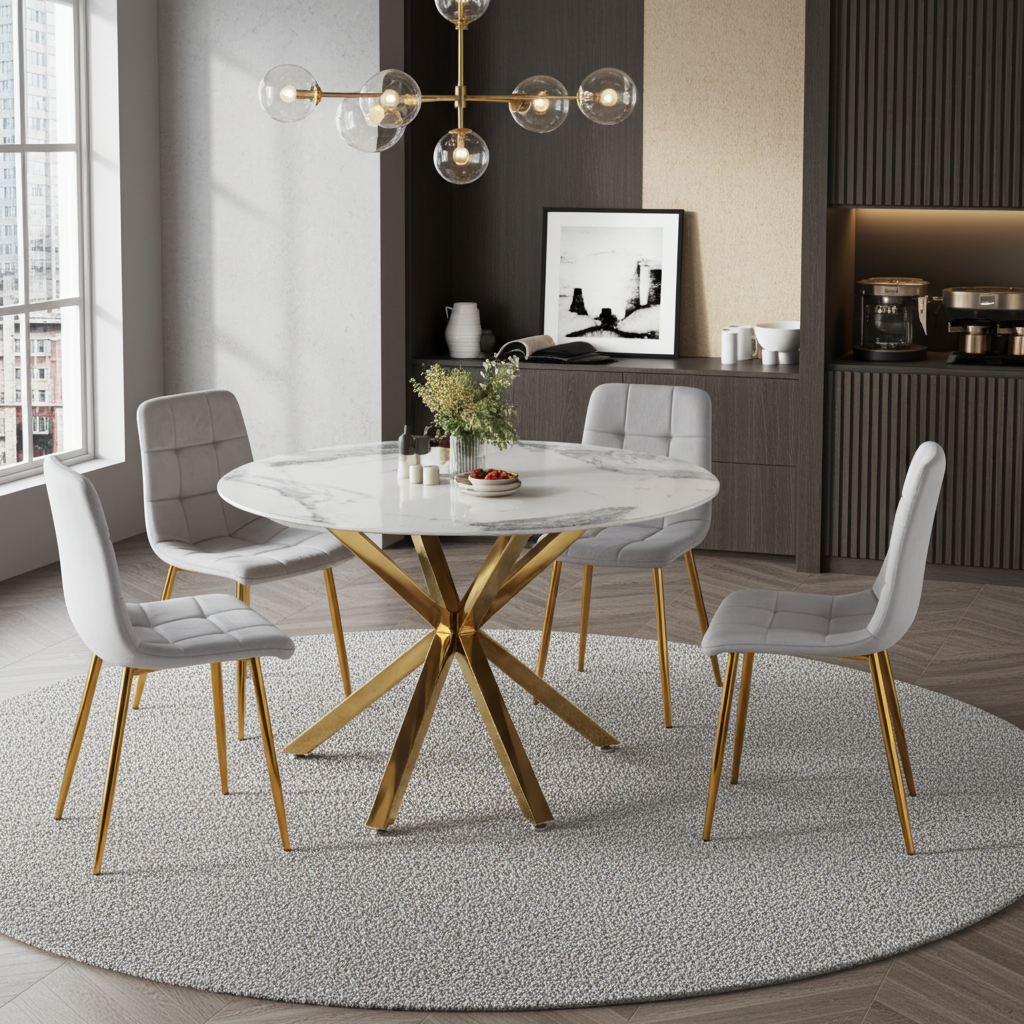 Luna 5-Piece Round Dining Set – White Ceramic Top with Grey Velvet Chairs & Gold Legs