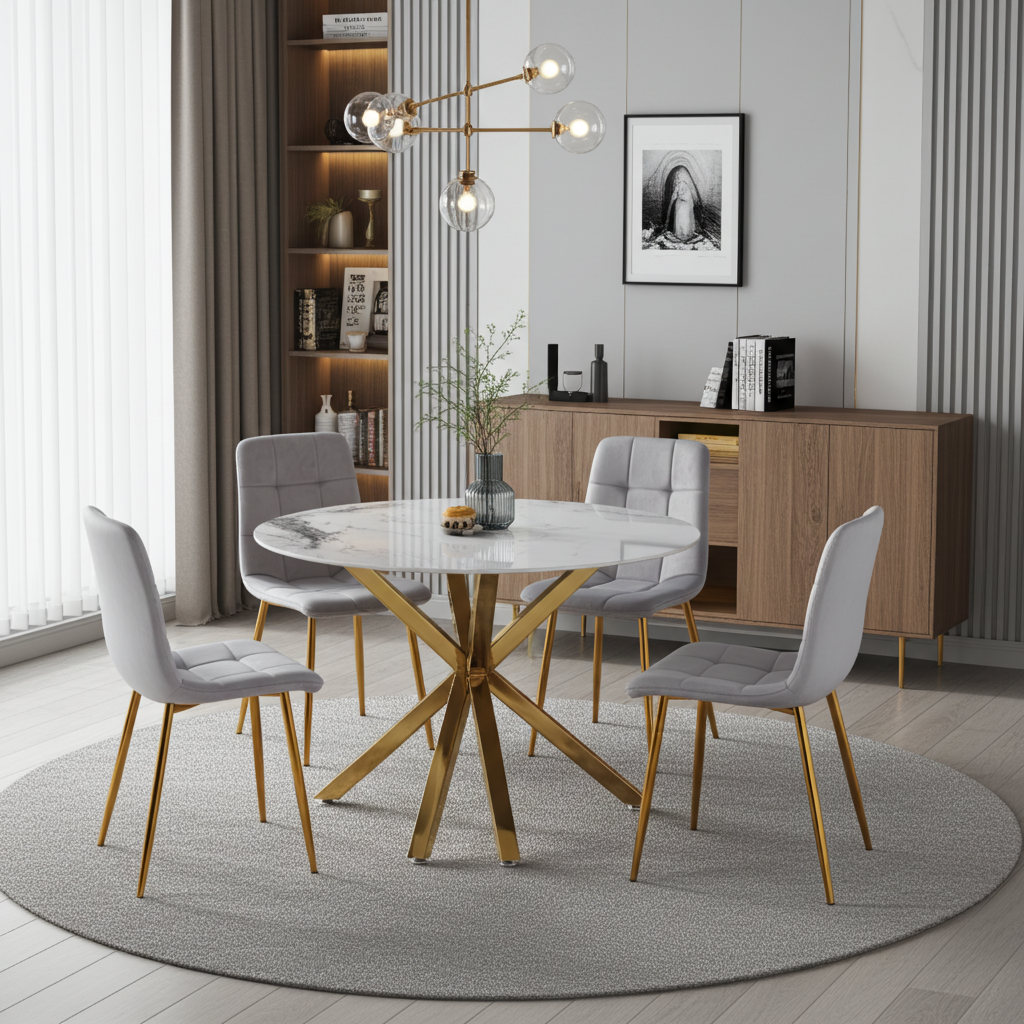 Luna 5-Piece Round Dining Set – White Ceramic Top with Grey Velvet Chairs & Gold Legs