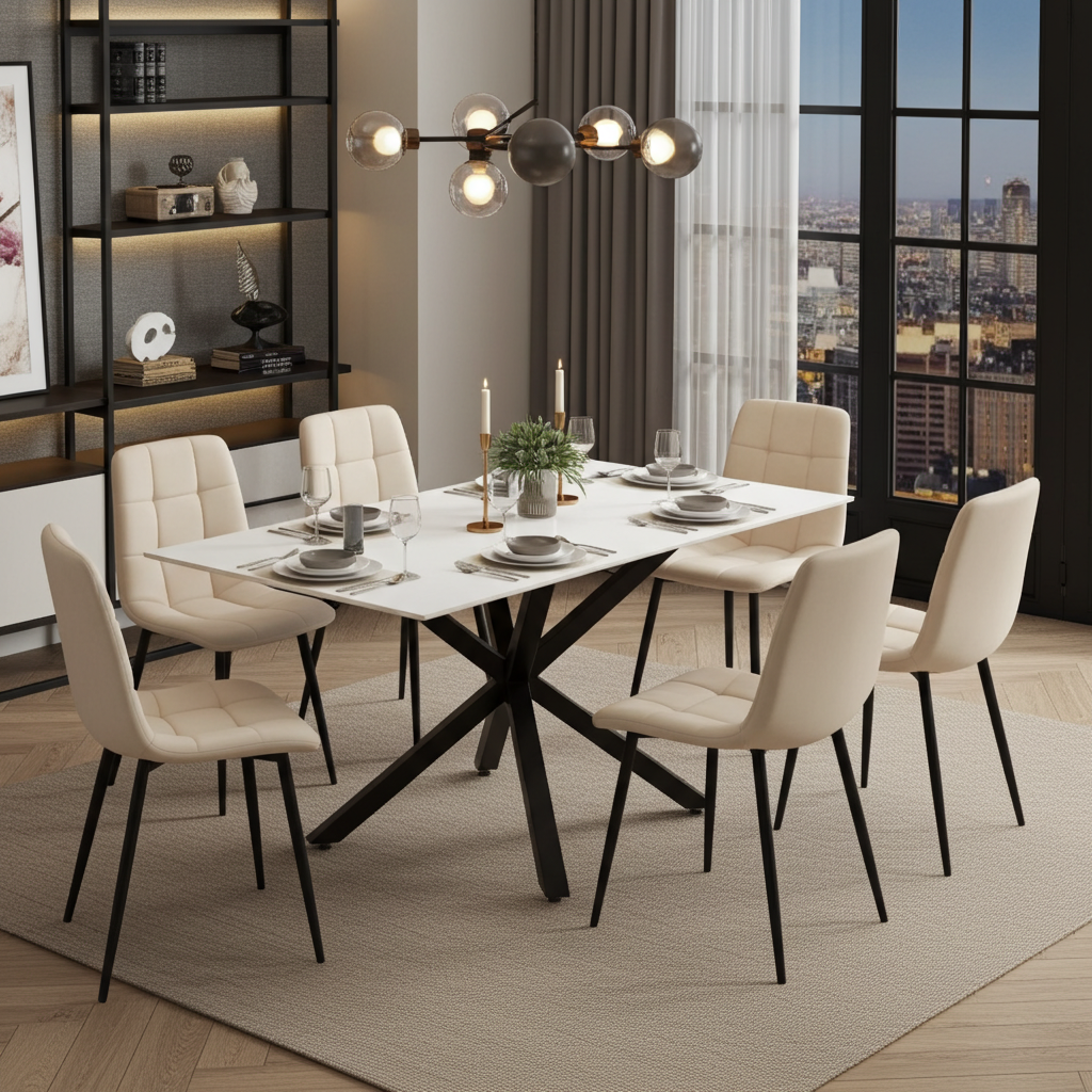 Dining room with a white table and beige chairs, featuring a cityscape view.